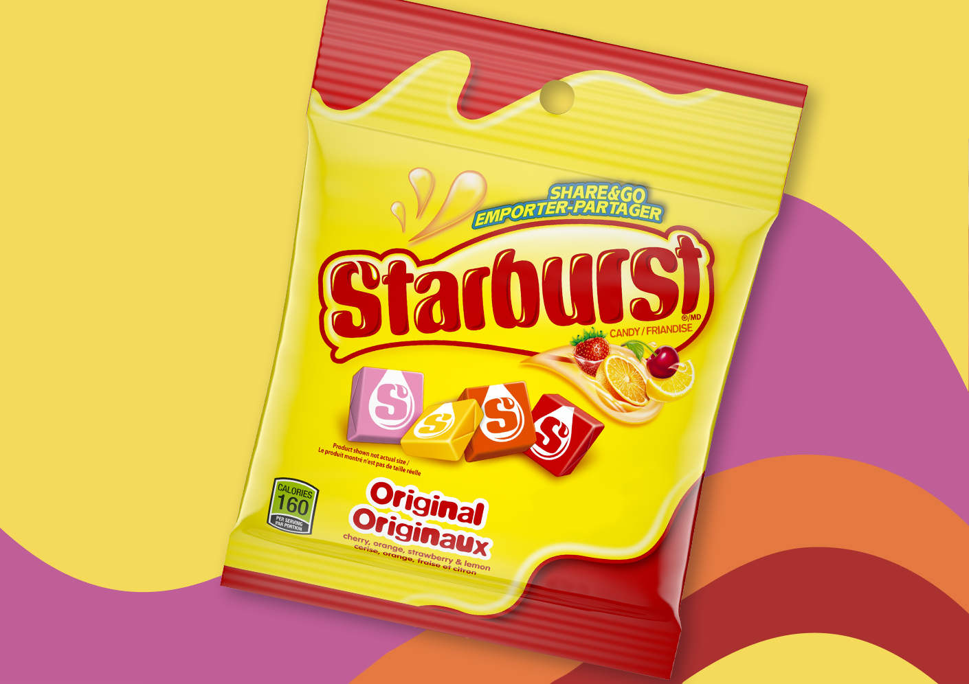 Package of Starburst original flavor chews on colorful background